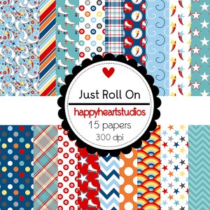 May include: A set of 15 digital papers featuring various patterns in blue, red, yellow, and white. The patterns include stars, stripes, polka dots, plaid, and roller skates. The text "Just Roll On happyheartstudios 15 papers 300 dpi" is displayed on a black circle with a red heart.