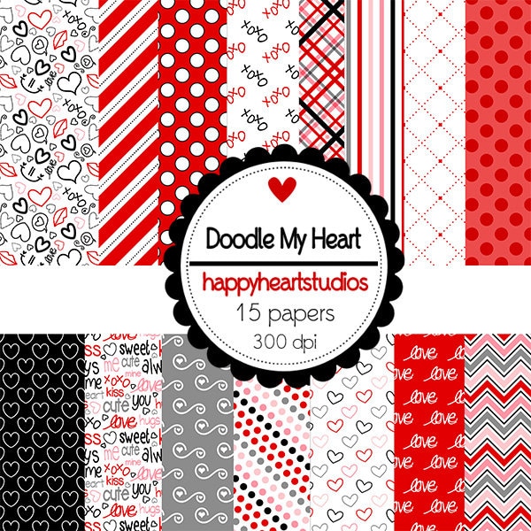 DigitalScrapbooking  DoodleMyHeart, Valentine, Red, Black, Pink, -Instant Download