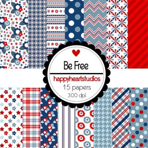 May include: A set of 15 digital papers featuring red, white, and blue patterns. The patterns include stars, stripes, polka dots, plaid, and floral designs. The papers are 300 dpi and are perfect for scrapbooking, card making, and other crafting projects. Be Free happyheartstudios 15 papers 300 dpi