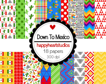 Puede incluir: Un conjunto de 18 papeles digitales con temas mexicanos. Los papeles presentan varios patrones, incluyendo estrellas, cactus, banderas, formas geométricas y texto. Los papeles son de 300 dpi y son perfectos para manualidades y scrapbooking.