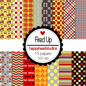 May include: A selection of 15 patterned papers with a firefighter theme. Designs include fire engines, fire hydrants, stars, and cross symbols in red, yellow, and grey. The text "Fired Up" and "happyheartstudios" are also visible.