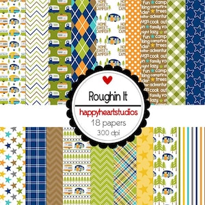 DigitalScrapbooking RoughinIt Camping, Trailer, Blue, Orange, Brown-InstantDownload
