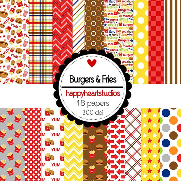 DigitalPapers Burgers&Fries- Instant Download -Fast Food, BBQ, Red, Brown, Yellow