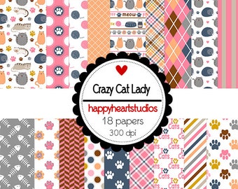 May include: A set of 18 digital papers featuring various cat-themed patterns in pink, grey, brown, and white. The patterns include paw prints, fish bones, stripes, polka dots, and plaid. The text "Crazy Cat Lady" and "happyheartstudios" is featured in the centre of the image.