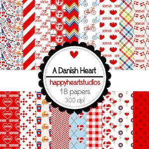 Könnte beinhalten: Ein Set mit 18 digitalen Papieren mit dänischen Motiven. Die Papiere beinhalten rot-weißes Gingham, rot-weiße Streifen, rot-weiße Chevron, ein Muster mit dänischen Flaggen und ein Muster mit Herzen und dänischen Flaggen. Die Papiere haben eine Auflösung von 300 dpi.