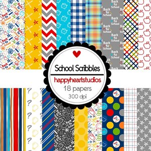 May include: A set of 18 digital papers with various back to school themes. The papers feature different patterns, including stripes, polka dots, stars, and chequered designs. The papers are in a variety of colours, including red, blue, yellow, and green. The papers are 300 dpi.