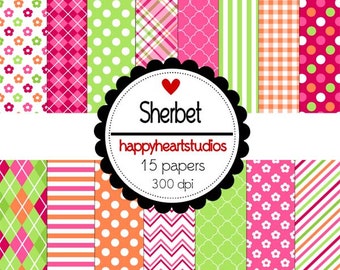 May include: A digital paper pack with 15 different patterns in pink, green, white, and orange. The patterns include polka dots, stripes, plaid, and chevron. The text "Sherbet happyheartstudios 15 papers 300 dpi" is in a circle at the center of the image.