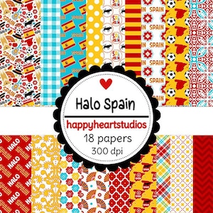 May include: A selection of 18 patterned papers with Spanish designs. The papers display patterns such as flags, footballs, and polka dots in red, yellow, and blue. The image includes the text "Halo Spain" and "happyheartstudios".