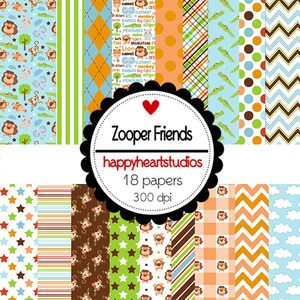 Puede incluir: Un conjunto de 18 papeles digitales con temática de animales de la selva. Los papeles incluyen varios patrones, como rayas, lunares e estampados de animales. Los papeles son de 300 dpi y son perfectos para scrapbooking, creación de tarjetas y otros proyectos de manualidades.