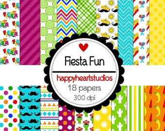 Puede incluir: Un conjunto de 18 papeles digitales con varios patrones coloridos, incluyendo rodajas de lima, rayas en chevron, lunares, bigotes y cactus. Los papeles son de 300 dpi y se titulan "Fiesta Fun" por happyheartstudios.