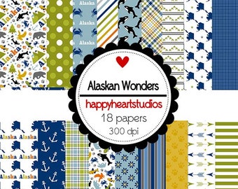 Puede incluir: Un conjunto de 18 papeles digitales con diseños de temática de Alaska. Los papeles incluyen diseños con ballenas, anclas, cangrejos, montañas y más. Los papeles son de 300 dpi y son perfectos para scrapbooking, creación de tarjetas y otros proyectos de manualidades.