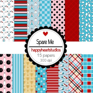 Puede incluir: Un paquete de papel digital con 15 patrones diferentes que incluyen bolos, bolas de bolos, trofeos, estrellas, rayas, lunares y cuadros. El texto "Spare Me happyheartstudios 15 papers 300 dpi" está en un círculo con un corazón rojo.