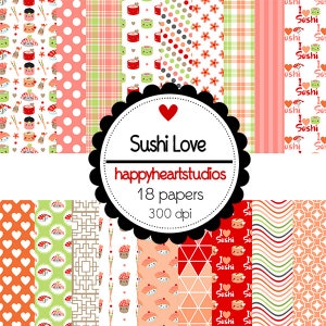 Puede incluir: Un conjunto de 18 papeles digitales con varios patrones de temática de sushi. Los papeles incluyen una variedad de colores, incluyendo rosa, rojo, verde y blanco. Los papeles son de 300 dpi y son perfectos para scrapbooking, creación de tarjetas y otros proyectos de manualidades.