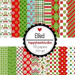 May include: A set of 18 digital papers featuring Christmas-themed patterns in red, green, white, and blue. The patterns include elves, snowflakes, polka dots, plaid, diamonds, and stars. The papers are 300 dpi and are perfect for scrapbooking, card making, and other craft projects.