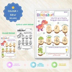 Tabla de entrenamiento para ir al baño con temática de dinosaurios - Descarga digital editable