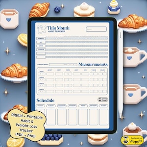 Digital + druckbare PDF Habit Tracker-Vorlage | Undatiertes monatliches Wellness Tagebuch für Fitness, Wasser, Essen & Körpermaße