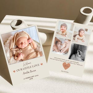 Beige Newborn Baby Birth Announcement /Thank you Card Template, Printable Photo Birth card, Birth Stats Card, Birth Announcement with Photo
