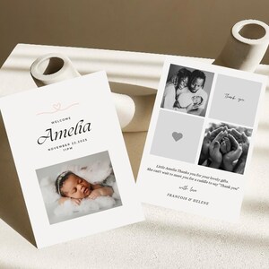 Plantilla de tarjeta de agradecimiento/anuncio de nacimiento de recién nacido, tarjeta de anuncio de bebé con foto, minimalista, editable, imprimible, personalizable