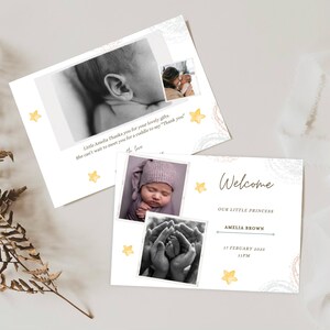 Anuncio de nacimiento de bebé recién nacido/Plantilla de tarjeta de agradecimiento, tarjeta de nacimiento con fotografía imprimible, tarjeta de estadísticas de nacimiento, tarjeta de agradecimiento de baby shower,