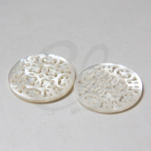 Two Pieces Natural Shell Beads Round Carve Filligree Pendant 30mm 174 image 1