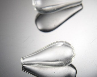 6 Pieces Hand Blown Hollow Glass Beads- Clear Two Hole Teardrop 14x30mm (17H6)