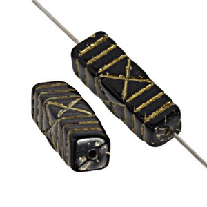 4 Pieces Czech Glass Rectangle beads - Jet Gold Detailed 19x6mm (CZH6-PG56100s-M-779)