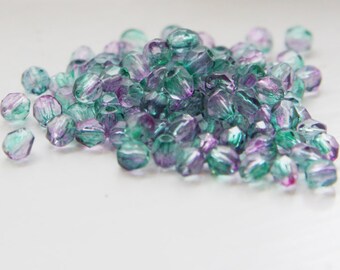 50 Pieces Czech Fire Polish Glass Faceted Round-Transparent Green Purple Two Tone 4mm (CZ4D-4565-M-37)