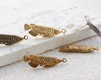 2 Pieces (One Pair) Solid Brass Earring Post with Sterling Silver Pin - Fish 28.6x8.8mm (4904C-B)