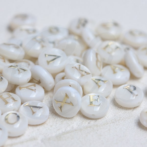 2 Pieces Natural Shell with Gold Alphabet Bead- Puff Spacer - Double Sided  Letter - Puff Round - Vertical Hole 8mm (G307)