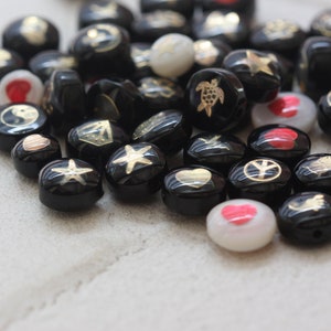 2 Pieces Natural Shell with Varies Gold Signs and Symbols Bead- Puff Spacer - Double Sided - Puff Round (G373B)