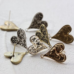 2 Pieces (One Pair) Solid Brass Earring Post with Sterling Silver Pin - Textured Heart 19x15mm (EPA1-F)