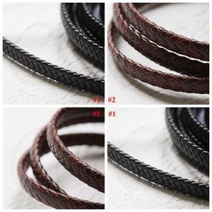 Peut inclure: Deux cordons en cuir tressés, l'un noir et l'autre brun, sont présentés dans une image en gros plan. Les cordons sont disposés de manière à montrer la texture tressée. L'image est étiquetée avec les numéros 1 et 2.