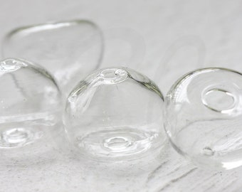 6 Pieces Hand Blown Hollow Glass-Half Round Clear With 2 Holes - 20x15mm