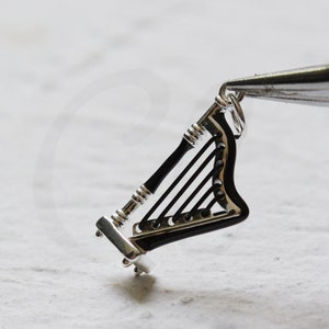 One Piece Solid Sterling Silver Charm - Enamelled - Harp 22x12mm