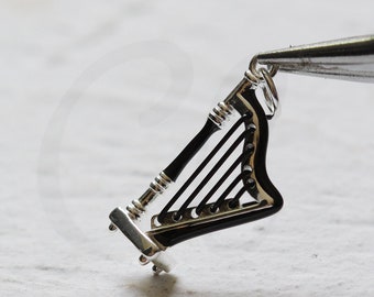 One Piece Solid Sterling Silver Charm - Enamelled - Harp2x12mm
