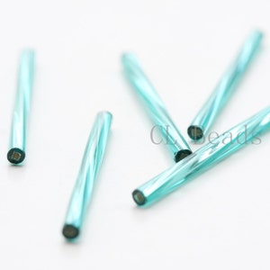10 Grams Czech  Silver Lined Twisted Bugles - Aqua 30mm (67829272-T-173)
