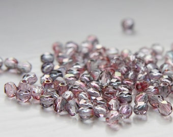 50 Pieces Czech Fire Polish Glass Faceted Round-Crystal Half Amethyst Gold Luster 4mm (CZ4C-4192-M-27)