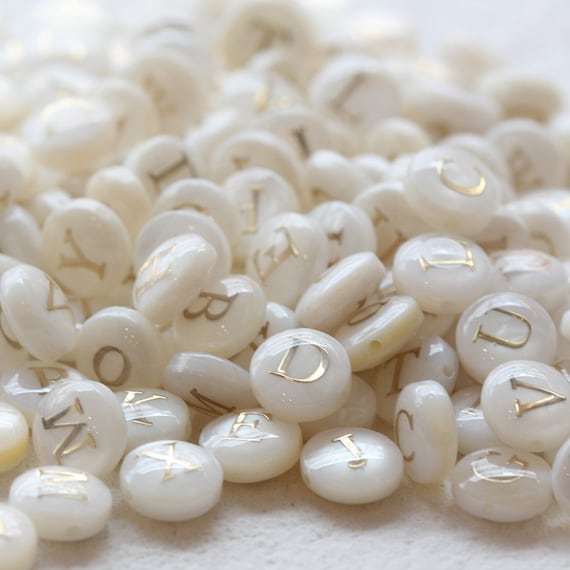 2 Pieces Natural Shell With Gold Alphabet Bead Puff Spacer | Etsy