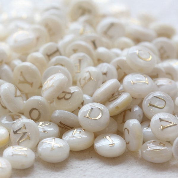 2 Pieces Natural Shell with Gold Alphabet Bead- Puff Spacer - Double Sided  Letter - Puff Round 8mm (G307)