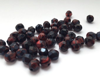 10 Pieces Czech Fire Polish Faceted Round-Red Black Silk 6mm (CZ6C-6445-M-508)