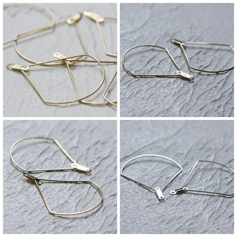 May include: A set of four gold and silver geometric hoop earrings. The earrings are made of thin metal wire and have a simple, modern design.