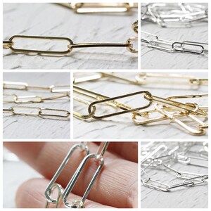 May include: Two close-up images of gold and silver chain links. The chain links are oval shaped and have a polished finish. The chain links are shown against a white background.