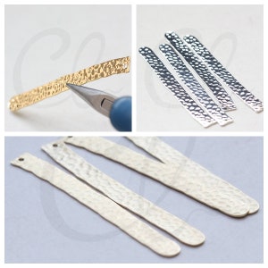 May include: Four silver metal strips with a hammered texture. The strips are approximately 3.8 cm long and have a hole punched at each end.