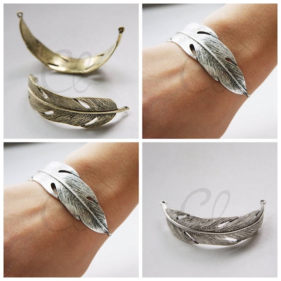 One Piece Antique Brass or Oxidized Silver Tone Base Metal Link - Feather 70x36mm (3113C)A51