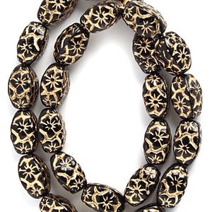 2 Pieces Czech Glass FLORAL OVAL Beads - Opaque Black Gold Detailed 15x12mm (CZH9-PG542S-N-310)