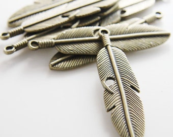 6 Pieces Antique Brass Tone Base Metal Charms-Feather 61x15mm (12720Y-D-132)A33