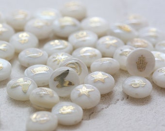 2 Pieces Natural Shell with Varies Silver and Gold Signs and Symbols Bead- Puff Spacer - Double Sided - Puff Round 8mm (G373A)