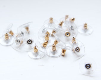 40 Pieces (20 Pairs) Earring Barrel Gold Clutch with Clear Plastic Disc - Earring Backings - 12x6mm