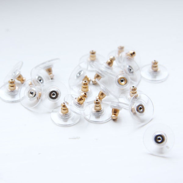40 Pieces (20 Pairs) Earring Barrel Gold Clutch with Clear Plastic Disc - Earring Backings - 12x6mm