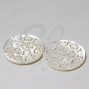 Two Pieces Natural Shell Beads Round Carve Filligree Pendant 30mm 174 image 2